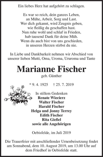 Traueranzeige von Marianne Fischer (geb. Günther)  von Magdeburger Volksstimme