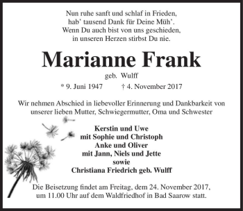 Traueranzeige von Marianne Frank (geb. Wulff)  von Magdeburger Volksstimme