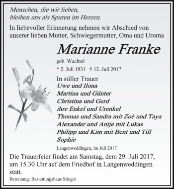 Traueranzeige von Marianne Franke (geb. Wachtel)  von Magdeburger Volksstimme