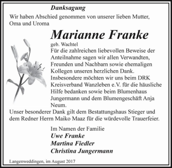 Traueranzeige von Marianne Franke (geb. Wachtel)  von Magdeburger Volksstimme