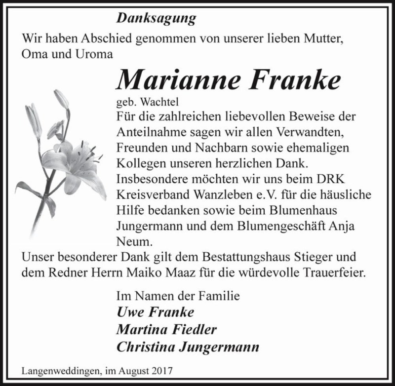  Traueranzeige für Marianne Franke (geb. Wachtel)  vom 12.08.2017 aus Magdeburger Volksstimme