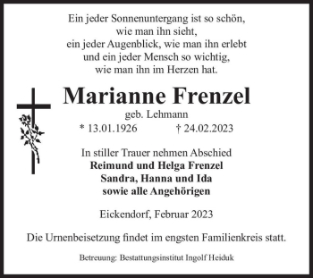 Traueranzeige von Marianne Frenzel (geb. Lehmann)  von Magdeburger Volksstimme