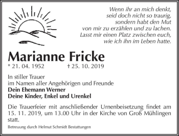 Traueranzeige von Marianne Fricke  von Magdeburger Volksstimme