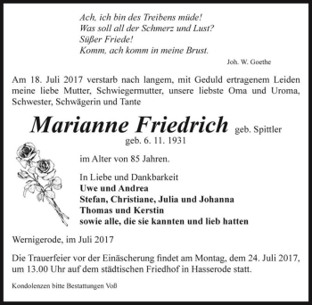 Traueranzeige von Marianne Friedrich (geb. Spittler)  von Magdeburger Volksstimme
