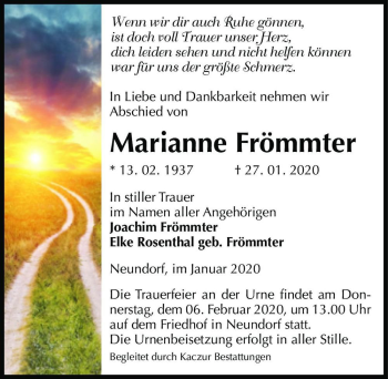 Traueranzeige von Marianne Frömmter  von Magdeburger Volksstimme