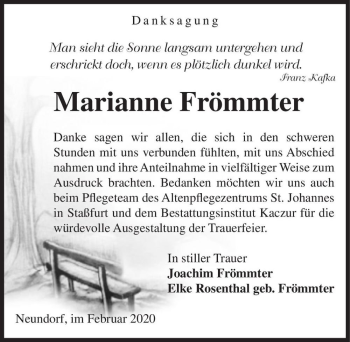 Traueranzeige von Marianne Frömmter  von Magdeburger Volksstimme