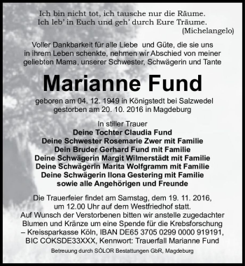 Traueranzeige von Marianne Fund  von Magdeburger Volksstimme