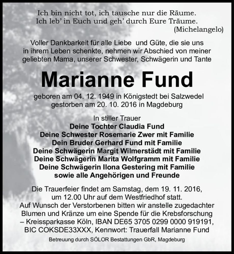  Traueranzeige für Marianne Fund  vom 05.11.2016 aus Magdeburger Volksstimme