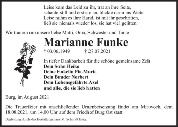 Traueranzeige von Marianne Funke  von Magdeburger Volksstimme