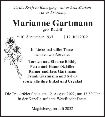 Traueranzeige von Marianne Gartmann (geb. Rudolf)  von Magdeburger Volksstimme