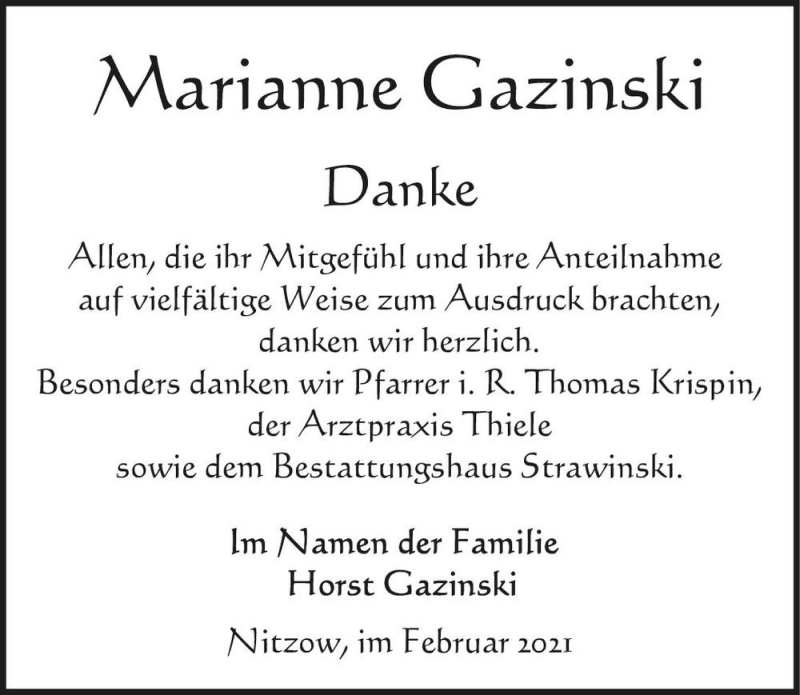  Traueranzeige für Marianne Gazinski  vom 13.02.2021 aus Magdeburger Volksstimme