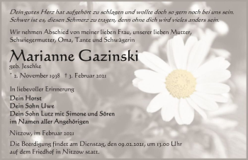 Traueranzeige von Marianne Gazinski (geb. Jeschke)  von Magdeburger Volksstimme