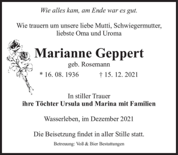 Traueranzeige von Marianne Geppert (geb. Rosemann)  von Magdeburger Volksstimme