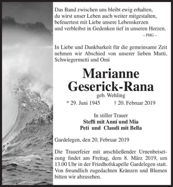 Traueranzeige von Marianne Geserick-Rana (geb. Wehling)  von Magdeburger Volksstimme