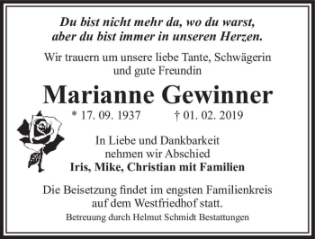 Traueranzeige von Marianne Gewinner  von Magdeburger Volksstimme
