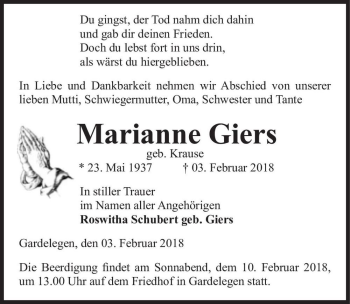 Traueranzeige von Marianne Giers (geb. Krause)  von Magdeburger Volksstimme