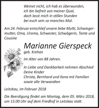 Traueranzeige von Marianne Gierspeck (geb. Krehan)  von Magdeburger Volksstimme