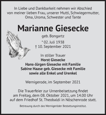 Traueranzeige von Marianne Giesecke (geb. Bongartz)  von Magdeburger Volksstimme