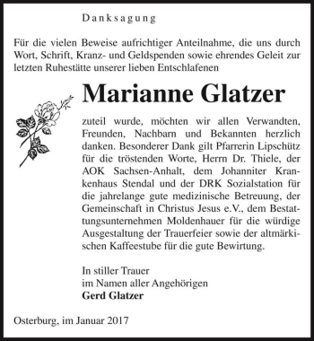 Traueranzeige von Marianne Glatzer  von Magdeburger Volksstimme