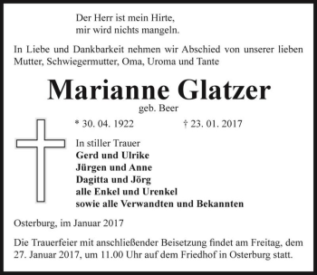 Traueranzeige von Marianne Glatzer (geb. Beer)  von Magdeburger Volksstimme