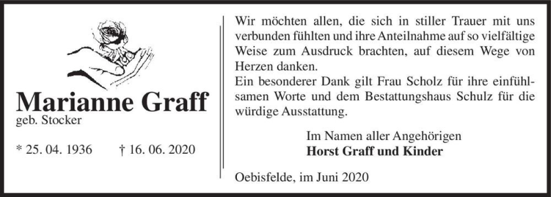  Traueranzeige für Marianne Graff (geb. Stocker)  vom 27.06.2020 aus Magdeburger Volksstimme