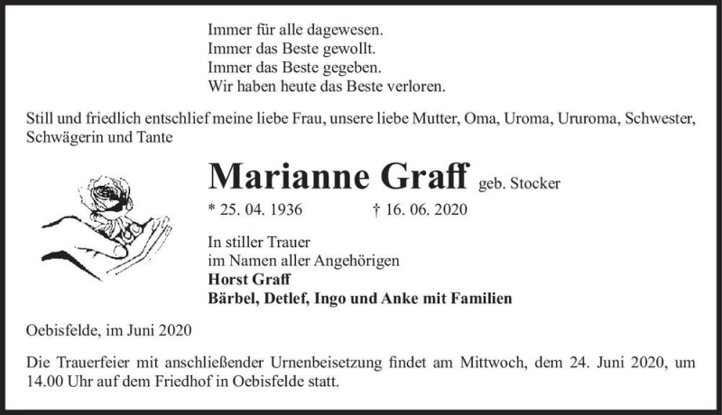  Traueranzeige für Marianne Graff (geb. Stocker)  vom 20.06.2020 aus Magdeburger Volksstimme