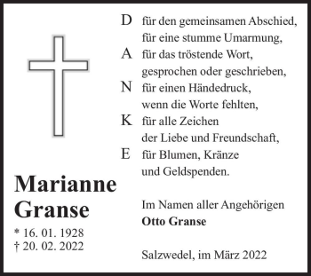Traueranzeige von Marianne Granse  von Magdeburger Volksstimme