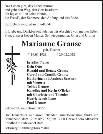 Traueranzeige von Marianne Granse (geb. Fischer)  von Magdeburger Volksstimme