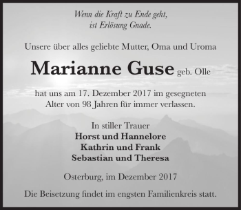 Traueranzeige von Marianne Guse (geb. Olle)  von Magdeburger Volksstimme