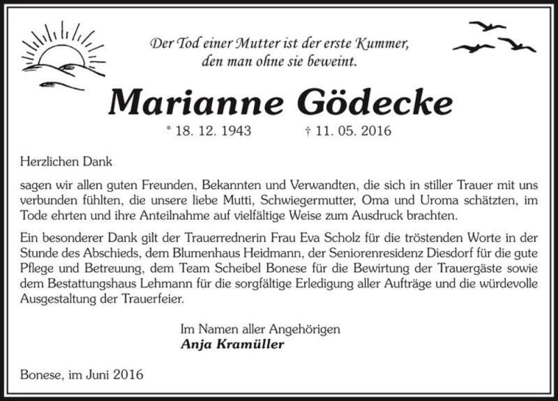  Traueranzeige für Marianne Gödecke  vom 04.06.2016 aus Magdeburger Volksstimme