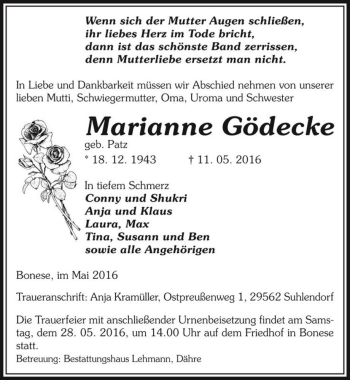 Traueranzeige von Marianne Gödecke (geb. Patz)  von Magdeburger Volksstimme