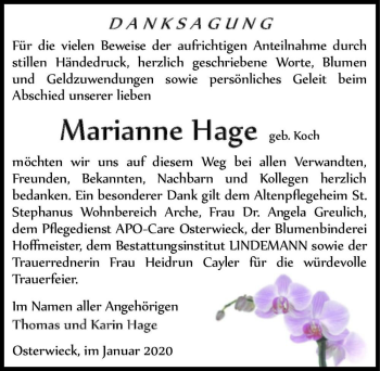 Traueranzeige von Marianne Hage (geb. Koch)  von Magdeburger Volksstimme