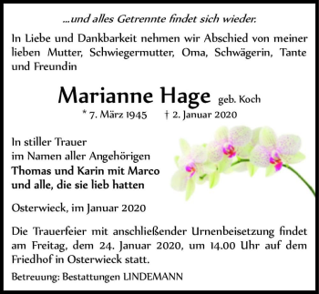 Traueranzeige von Marianne Hage (geb. Koch)  von Magdeburger Volksstimme