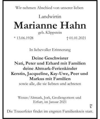Traueranzeige von Marianne Hahn (geb. Klippstein)  von Magdeburger Volksstimme