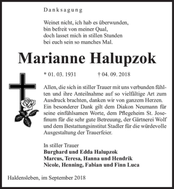 Traueranzeige von Marianne Halupzok  von Magdeburger Volksstimme