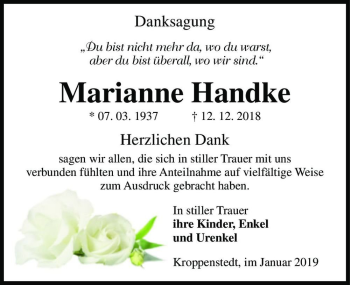 Traueranzeige von Marianne Handke  von Magdeburger Volksstimme