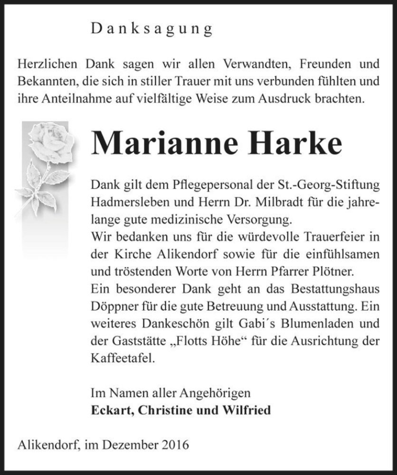  Traueranzeige für Marianne Harke  vom 24.12.2016 aus Magdeburger Volksstimme