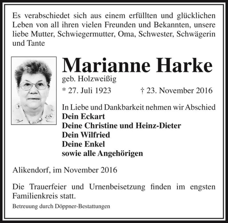  Traueranzeige für Marianne Harke (geb. Holzweißig)  vom 03.12.2016 aus Magdeburger Volksstimme