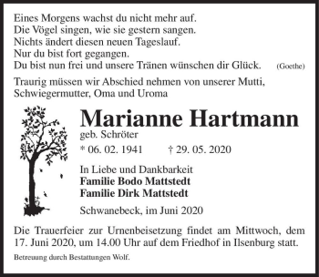 Traueranzeige von Marianne Hartmann (geb. Schröter)  von Magdeburger Volksstimme