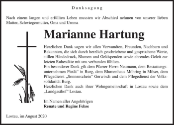Traueranzeige von Marianne Hartung  von Magdeburger Volksstimme