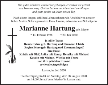 Traueranzeige von Marianne Hartung (geb. Meyer)  von Magdeburger Volksstimme