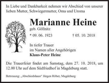 Traueranzeige von Marianne Heine (geb. Göllnitz)  von Magdeburger Volksstimme