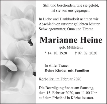 Traueranzeige von Marianne Heine (geb. Mühlstein)  von Magdeburger Volksstimme