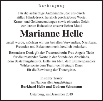 Traueranzeige von Marianne Helle  von Magdeburger Volksstimme