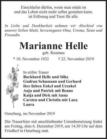 Traueranzeige von Marianne Helle (geb. Rosenau)  von Magdeburger Volksstimme