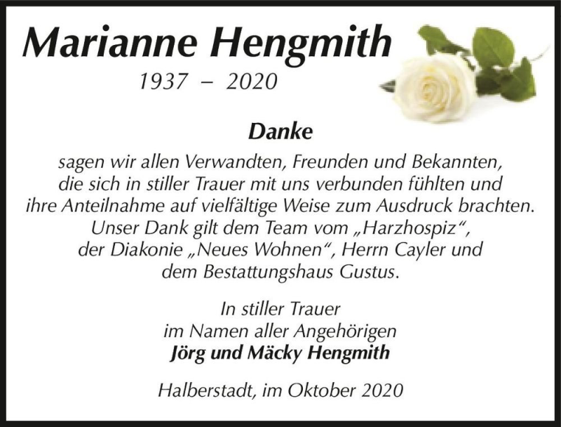  Traueranzeige für Marianne Hengmith  vom 30.10.2020 aus Magdeburger Volksstimme