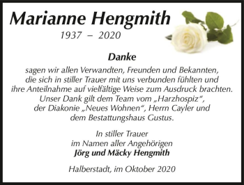 Traueranzeige von Marianne Hengmith  von Magdeburger Volksstimme