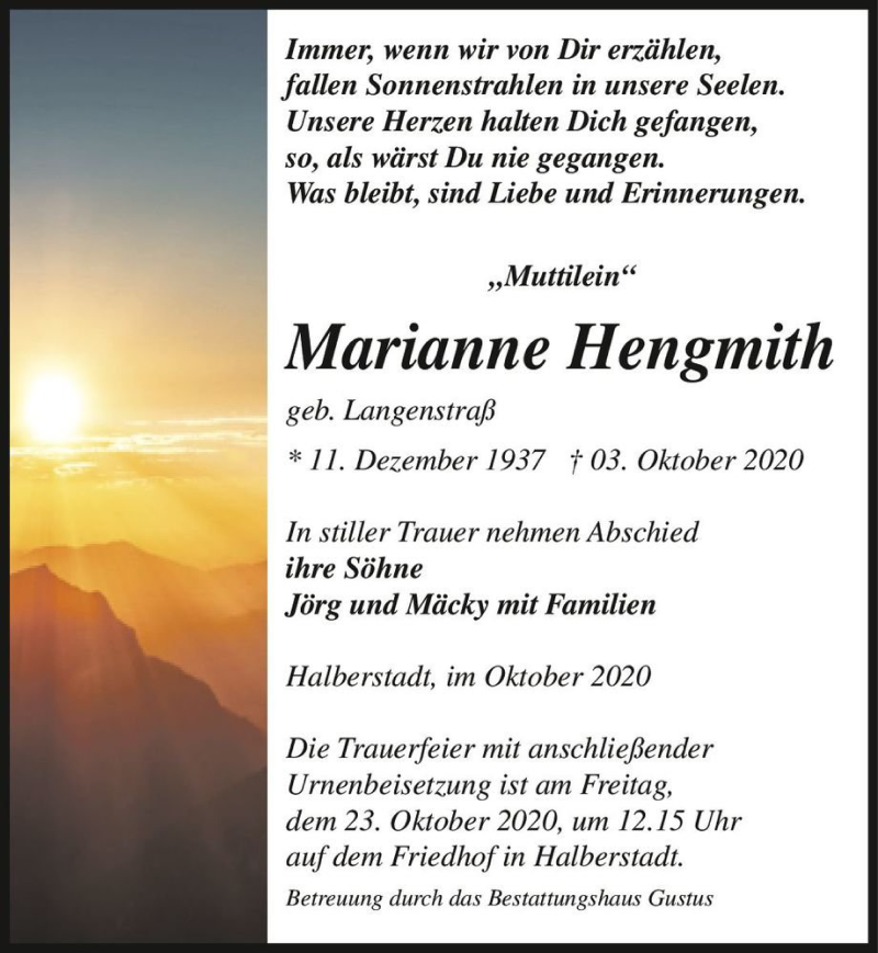  Traueranzeige für Marianne Hengmith (geb. Langenstraß)  vom 10.10.2020 aus Magdeburger Volksstimme