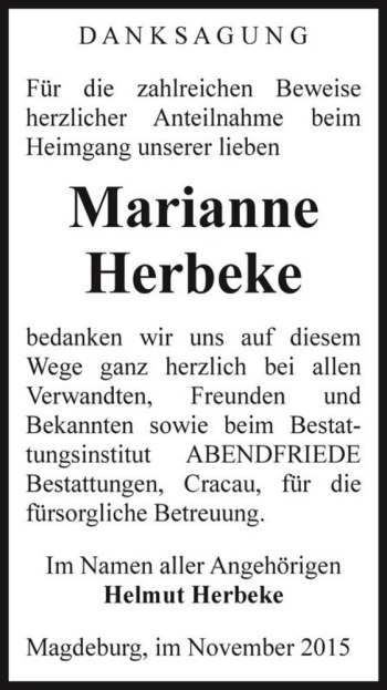 Traueranzeige von Marianne Herbeke  von Magdeburger Volksstimme