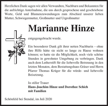 Traueranzeige von Marianne Hinze  von Magdeburger Volksstimme